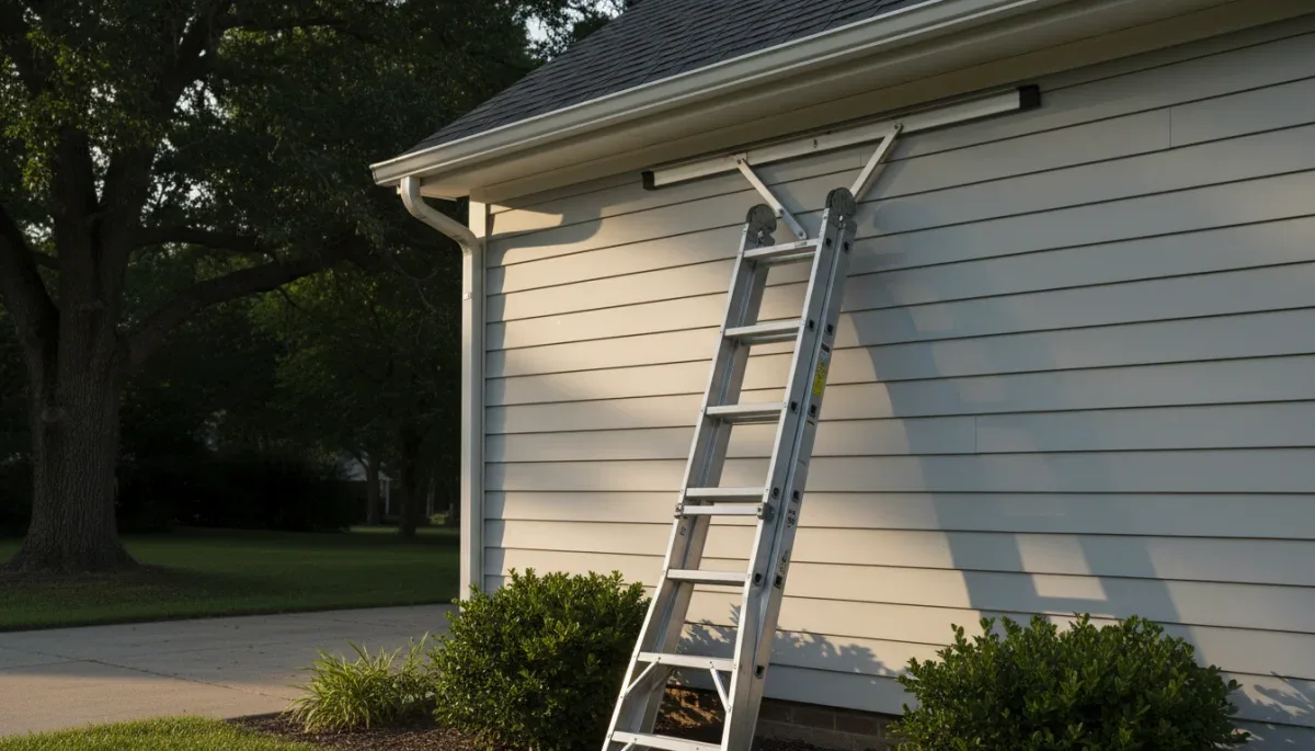 Extension ladder with stabilizer positioned safely near residential gutters