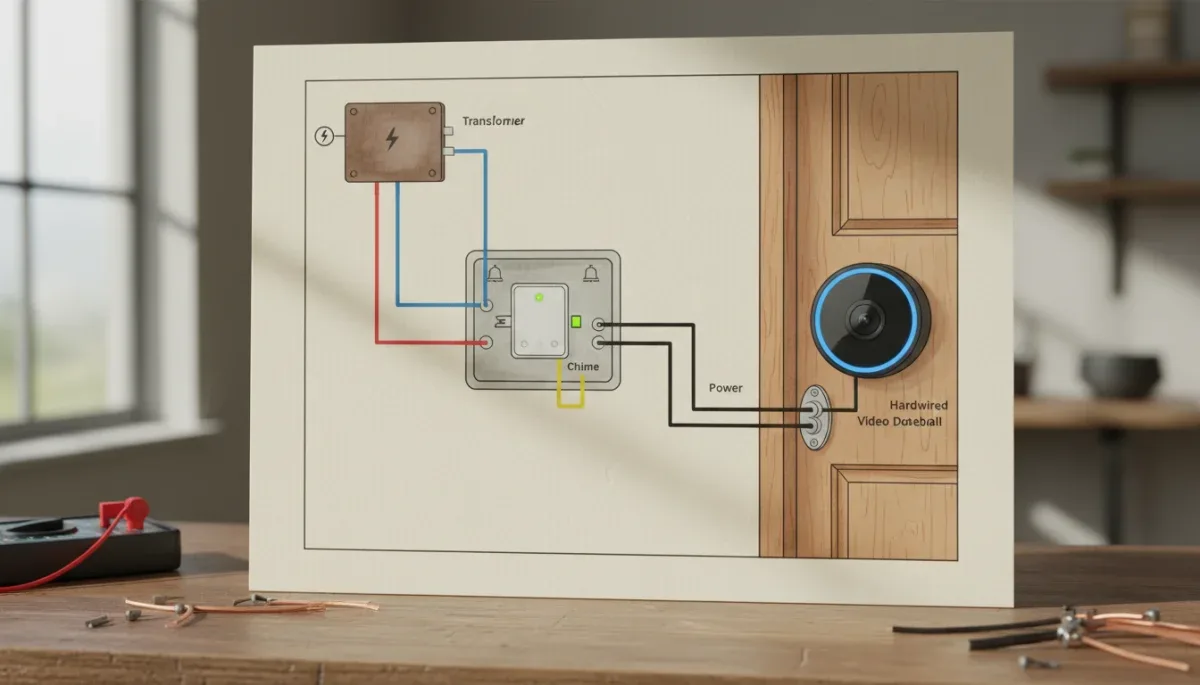 Circuit diagram illustrating video doorbell wiring with a mechanical chime and transformer.