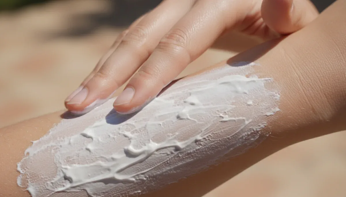 Close up of sunscreen lotion being applied smoothly to sensitive skin.