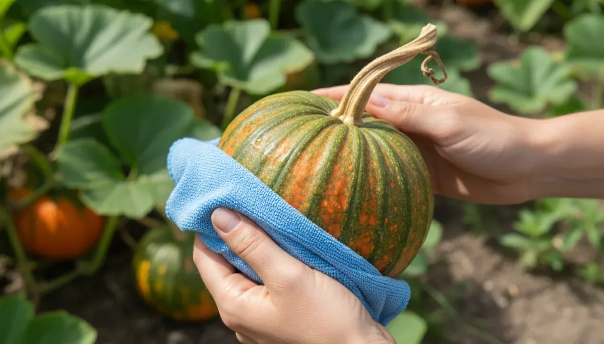 Washing and sanitizing natural decorative gourds before outdoor display.
