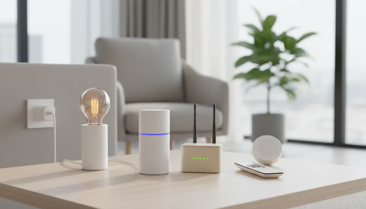 Thread border router and Zigbee hub hardware sitting on a modern wooden desk