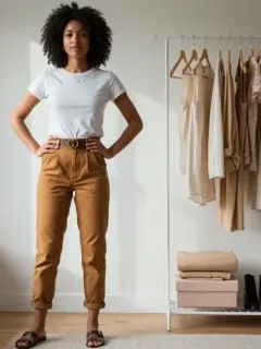 Modern US woman demonstrating a well-organized capsule wardrobe with essential fashion pieces