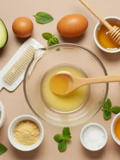 Ingredients for DIY hair masks, including avocado, honey, and coconut oil
