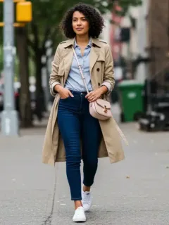 Woman in affordable stylish outfit walking city street