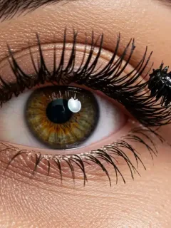 Woman with dramatically voluminous lashes after applying the best new mascara