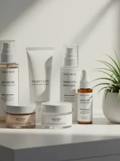 Minimalist bathroom counter with curated beauty products and natural lighting