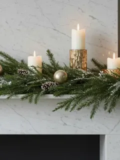 Winter mantel detail showing mixed texture elements including faux fur, wooden candle holders, and glass ornaments