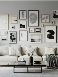 Modern living room gallery wall with mixed frame sizes above sofa
