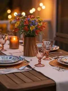Beautiful outdoor summer table setting with colorful dinnerware and decorative elements