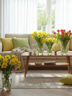 Spring transition living room with light curtains and colorful accents
