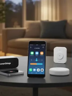 Smart home hub comparison with Samsung SmartThings, Apple HomeKit and Amazon Alexa devices on a modern table