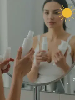 Woman adjusting skincare routine with seasonal products in bathroom