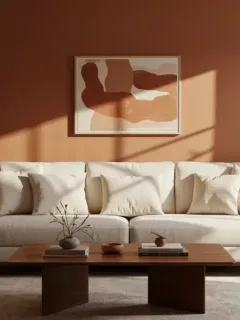 Modern living room with 2026 color palette featuring warm terracotta and beige tones