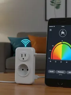 Smart home energy monitoring setup with smartphone app showing consumption data