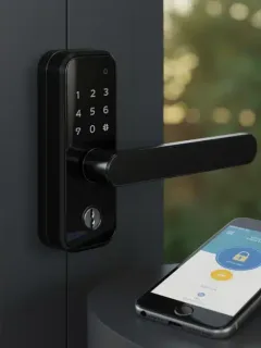 Smart lock on rental property door with smartphone control