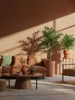 Modern living room with 2026 seasonal decor trends featuring natural elements and earthy colors