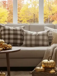 Cozy fall living room decorated with warm textiles and autumn accents