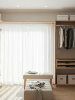 Organized walk-in closet with wooden shelving and storage solutions