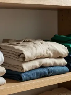 Spring capsule wardrobe essentials displayed on wooden shelving with neutral tones and quality fabrics