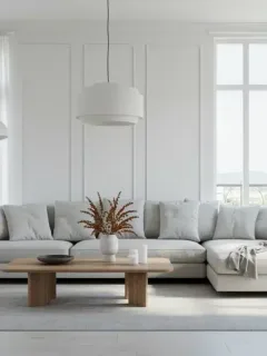 Modern minimalist living room with neutral colors and natural lighting