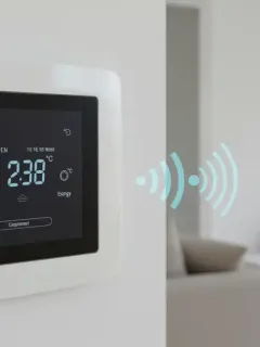 Smart thermostat on white wall with digital display and smartphone connection