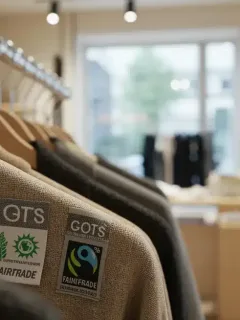 Eco-friendly clothing labels with sustainability certifications in a retail environment