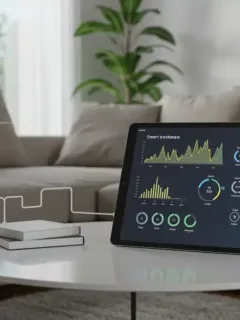 Smart home energy dashboard displaying savings data on tablet with connected devices