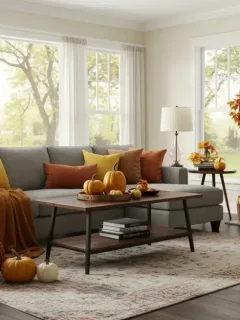 Cozy autumn decorated living room with seasonal decor elements