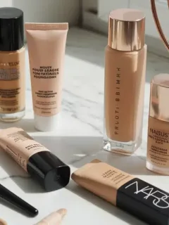 Drugstore and premium foundations comparison flat lay