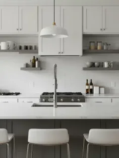 Modern kitchen backsplash with white subway tiles and open shelving in contemporary home