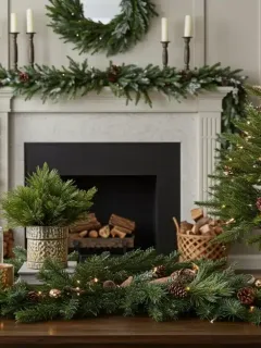 Living room with real and artificial seasonal greenery decorations