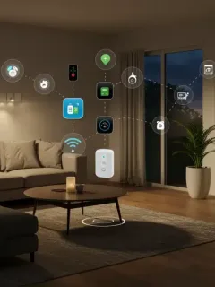 Smart home living room with Matter-compatible devices including hub, speakers, lights, and thermostat