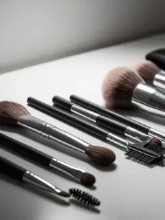 Professional makeup brush set on white background with multiple brush types