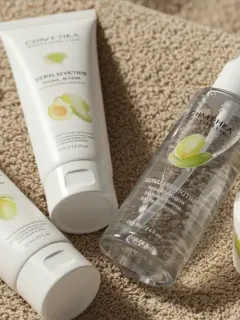 Gentle skincare products for sensitive skin routine arranged on beige towel