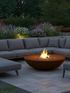 Modern outdoor living space with comfortable seating, fire pit and landscaping