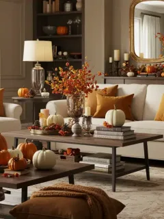 Seasonal autumn home decor with pumpkins and warm textiles in living room