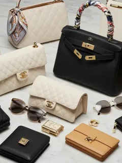 Luxury designer handbags on marble surface showing Hermès, Chanel, and Louis Vuitton pieces