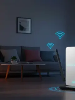 Smart home living room with WiFi 7 router and connected devices