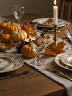 Beautiful autumn tablescape with candles and seasonal decorations
