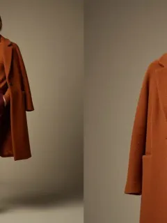 Fashion model wearing autumn color palette outfit with color swatches
