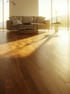 Premium hardwood flooring in modern living room with natural lighting