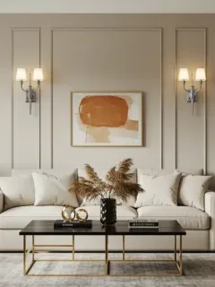 Modern living room with mixed metal finishes including brushed nickel lighting and gold accents
