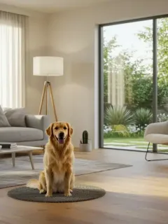 Smart home setup with pet monitoring devices in a modern living room