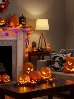 Elegant Halloween living room decor with coordinated color scheme and strategic placement of decorations