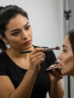 Celebrity makeup artist applying contouring products in studio setting