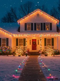 Beautifully decorated home with holiday lights glowing warmly against the night sky