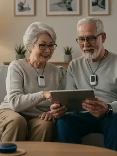 Senior couple using smart home technology in comfortable living room with medical alert device