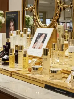 Department store beauty counter with premium skincare products