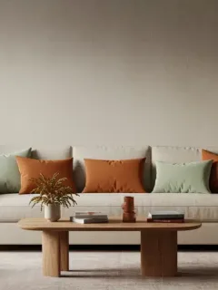 Modern living room with 2026 seasonal color palette featuring warm earth tones and neutral walls