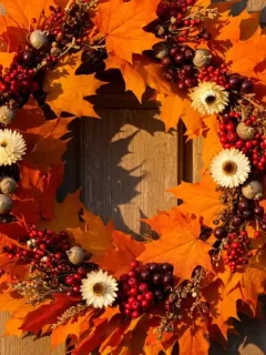 Autumn fall wreath with maple leaves on wooden door